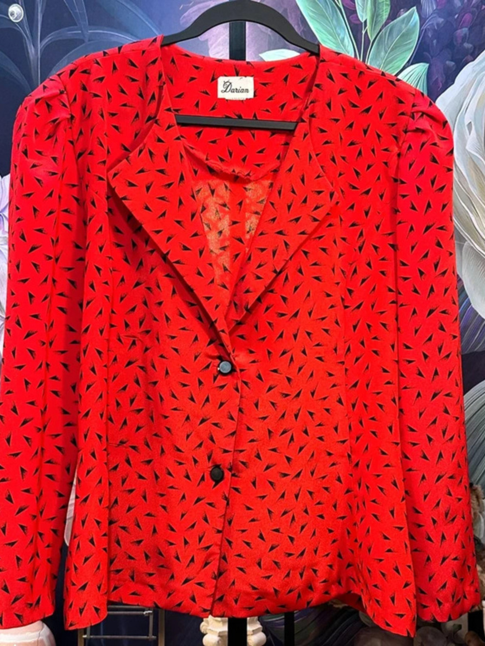 Vintage 1980s Darian S Red Geometric Print Blazer Top Statement Classic Retro